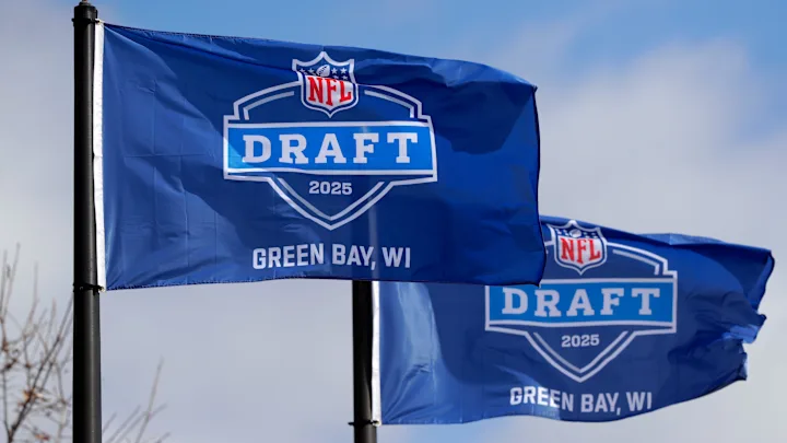 Flags promoting this years draft, which is being held at Lambeau field in Wisconsin.