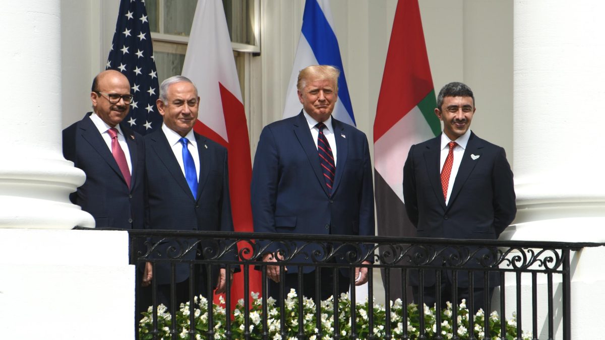 President Donald Trump stands with leaders of Bahrain, Israel, and the United Arab Emirates at the signing ceremony of the Abraham Accords on September 15, 2020 in Washington, D.C.