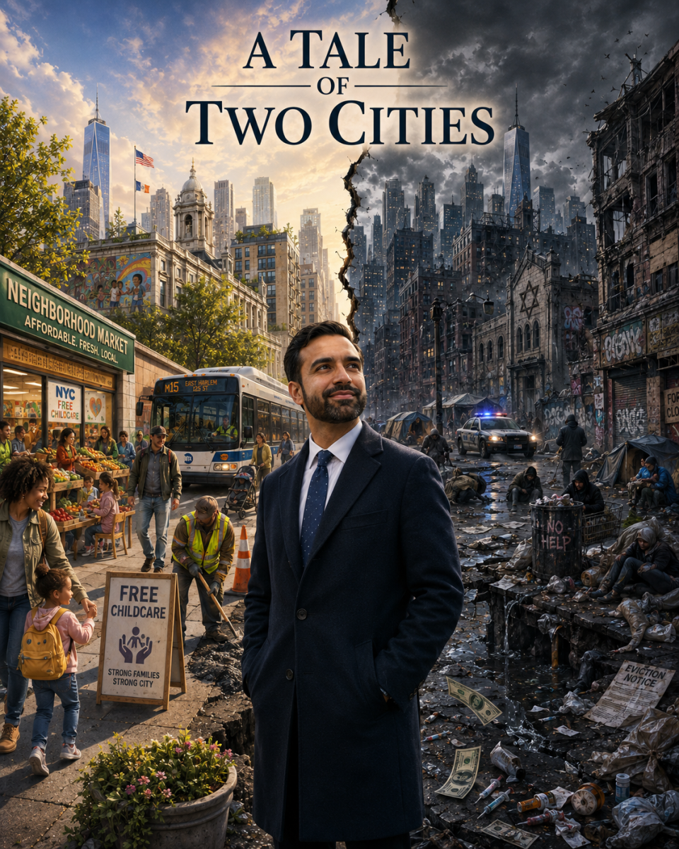 An-AI generated image depicting two alternative visions of New York City.